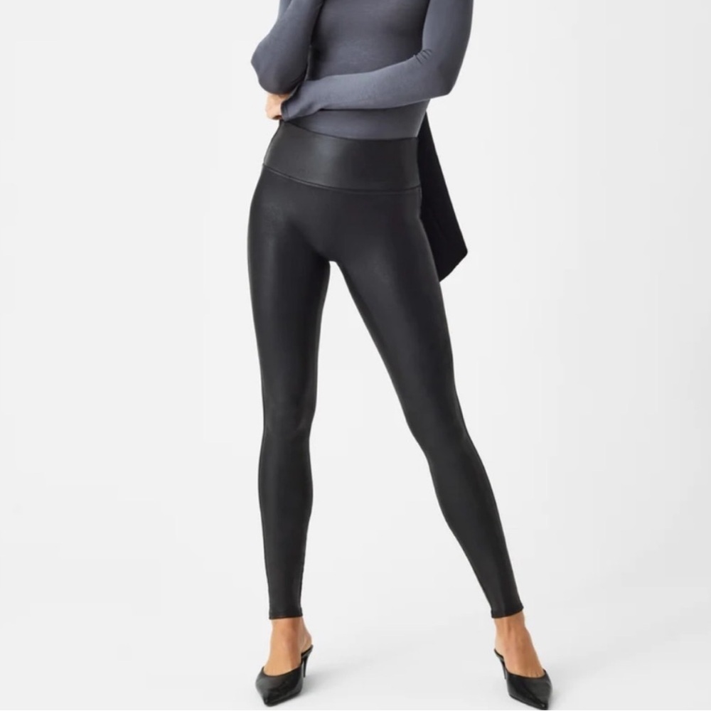 Spanx Leggings Womens Medium Petite Black Faux Leather High Rise Shiny